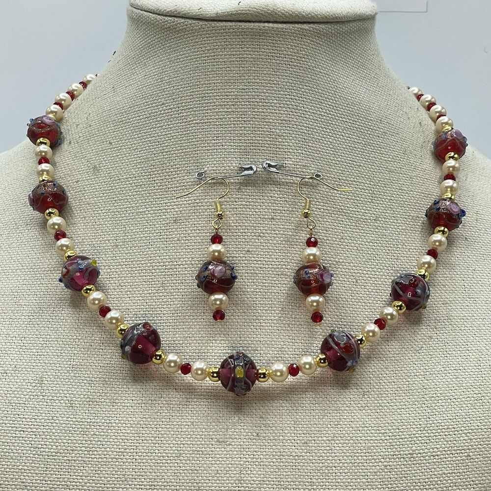 Artisan Handcrafted Vintage Wedding Cake Glass Pearls Beaded Necklace Earrings